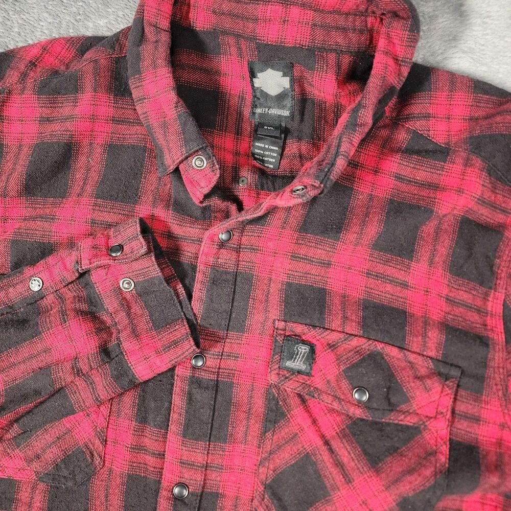 Harley Davidson Men's 2XL Flannel Shirt Red Plaid Snap Button Biker Workwear